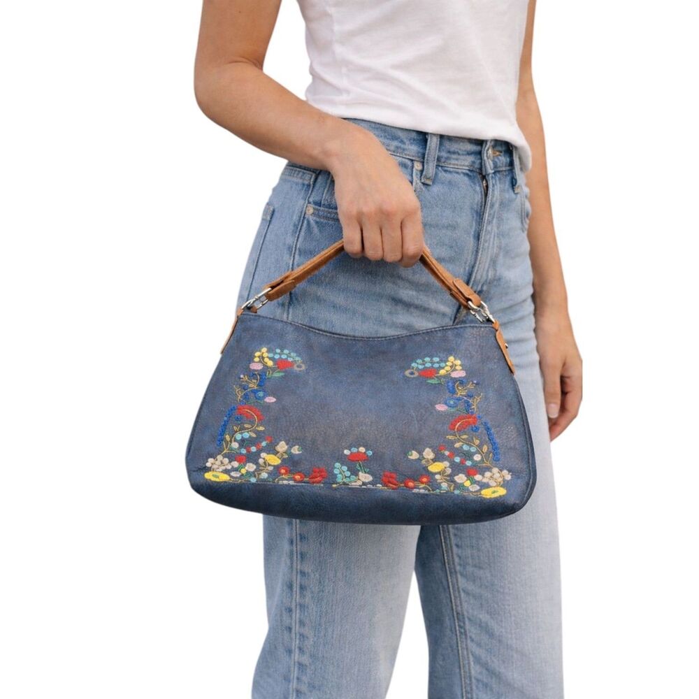 Kiss Me Couture Embroidered Floral Blue Hobo Shoulder Bag Small